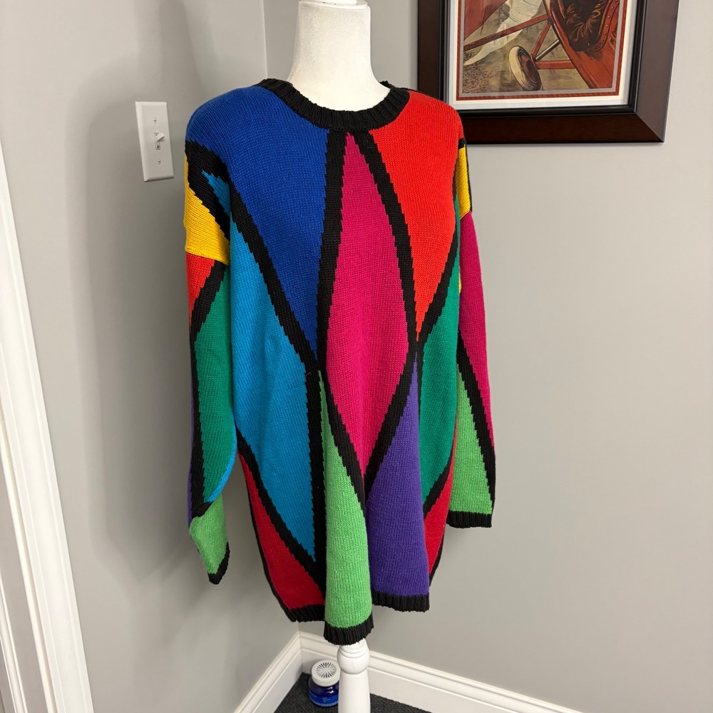 Venezia Vintage Colorblock Geometric Diamond Knit Sweater Womens 14/16 L XL - Picture 2 of 7